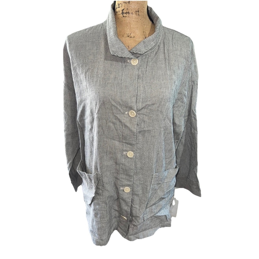 Eileen Fisher Pinstriped Button Up Long Sleeve Linen Cotton Blend Size Large